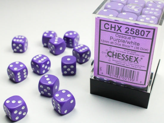 Chessex Opaque 12mm D6 Dice Block (36ct) — Purple/White
