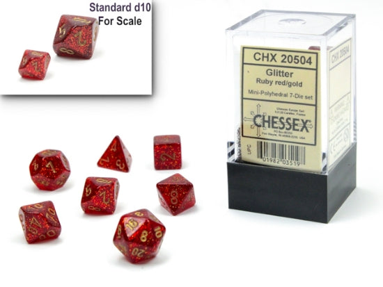 Chessex Glitter Mini Polyhedral 7-Die Set — Ruby/Gold