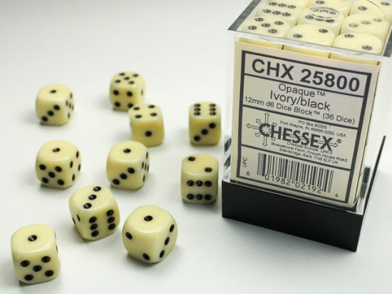 Chessex Opaque 12mm D6 Dice Block (36ct) — Ivory/Black