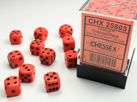 Chessex Opaque 12mm D6 Dice Block (36ct) — Orange/Black
