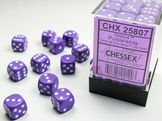 Chessex Opaque 12mm D6 Dice Block (36ct) — Purple/White