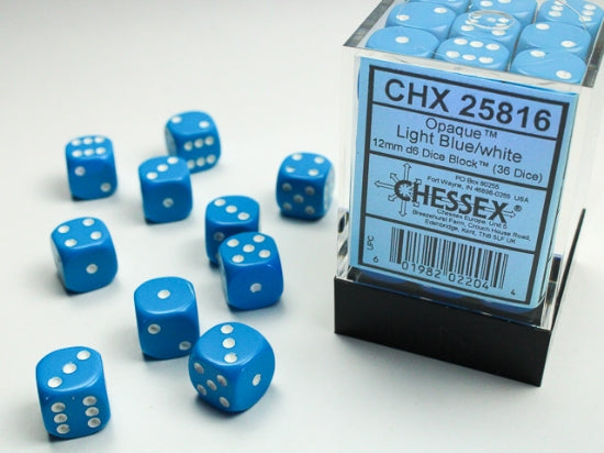 Chessex Opaque 12mm D6 Dice Block (36ct) — Light Blue/White