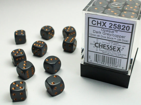 Chessex Opaque 12mm D6 Dice Block (36ct) — Dark Grey/Copper