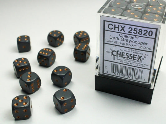 Chessex Opaque 12mm D6 Dice Block (36ct) — Dark Grey/Copper