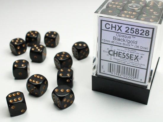 Chessex Opaque 12mm D6 Dice Block (36ct) — Black/Gold