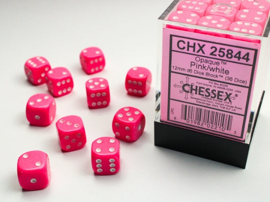 Chessex Opaque 12mm D6 Dice Block (36ct) — Pink/White