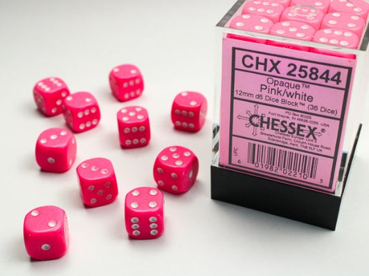 Chessex Opaque 12mm D6 Dice Block (36ct) — Pink/White
