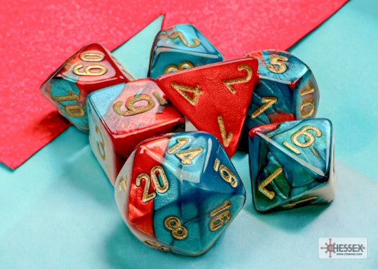 Chessex Gemini Mini Polyhedral 7-Die Set — Red-Teal/Gold