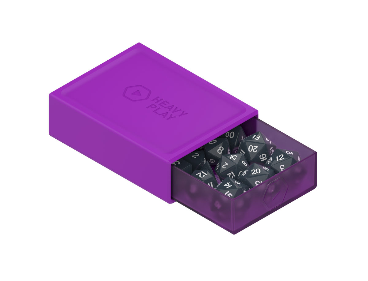 Heavy Play RNG Dice Box - Bard Purple, tray open with dice