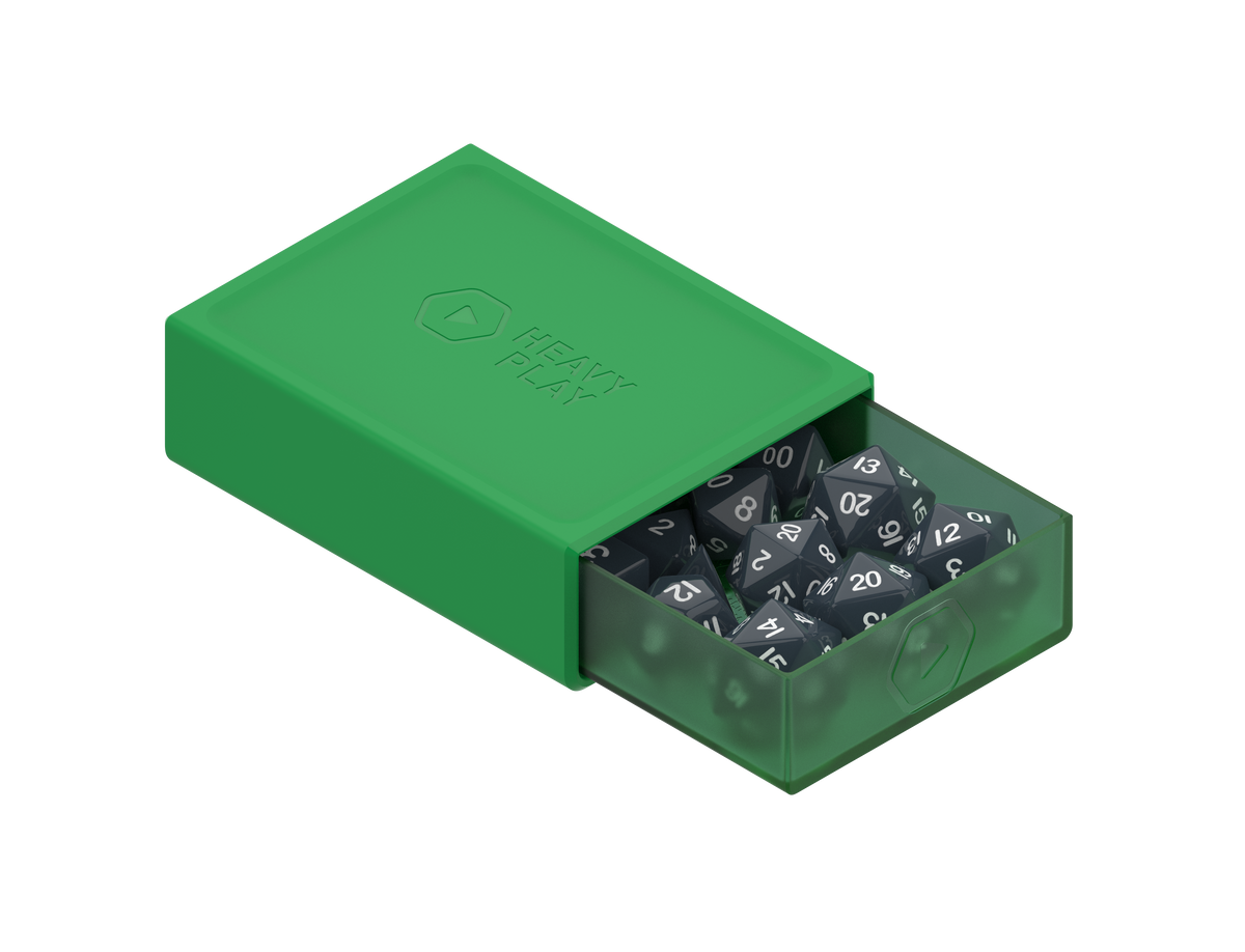 Heavy Play RNG Dice Box - Druid Green, tray open with dice
