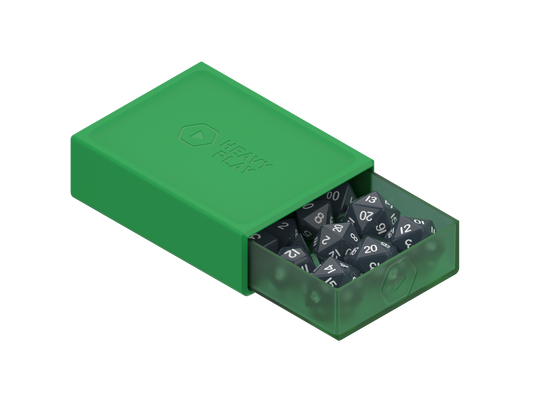 Heavy Play RNG Dice Box - Druid Green, tray open with dice