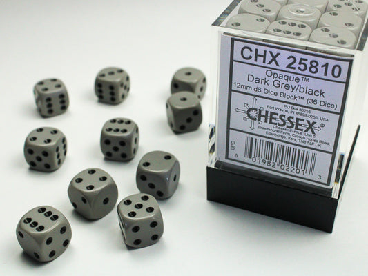 Chessex 12mm D6 Dice Block (36 Dice) (Dark Gray/Black)
